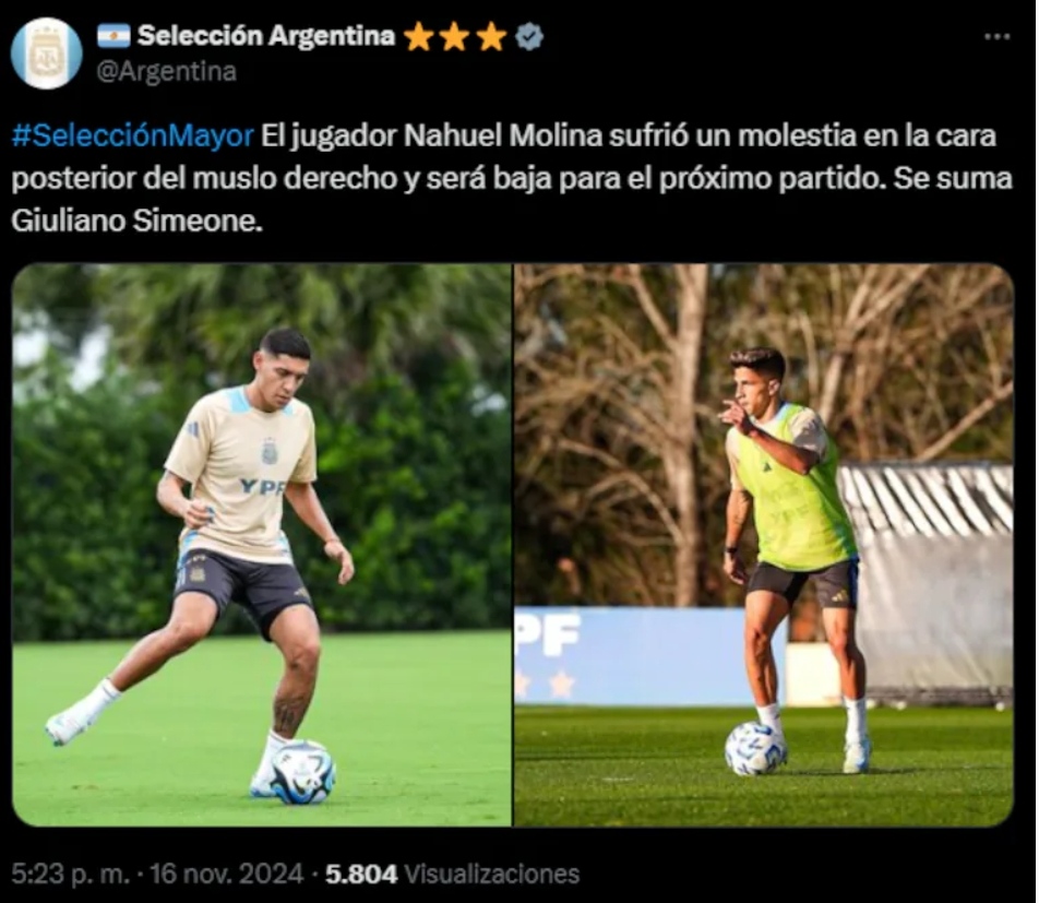 Selección argentina: Nahuel Molina se lesionó en la práctica y no estará en el partido frente a Perú