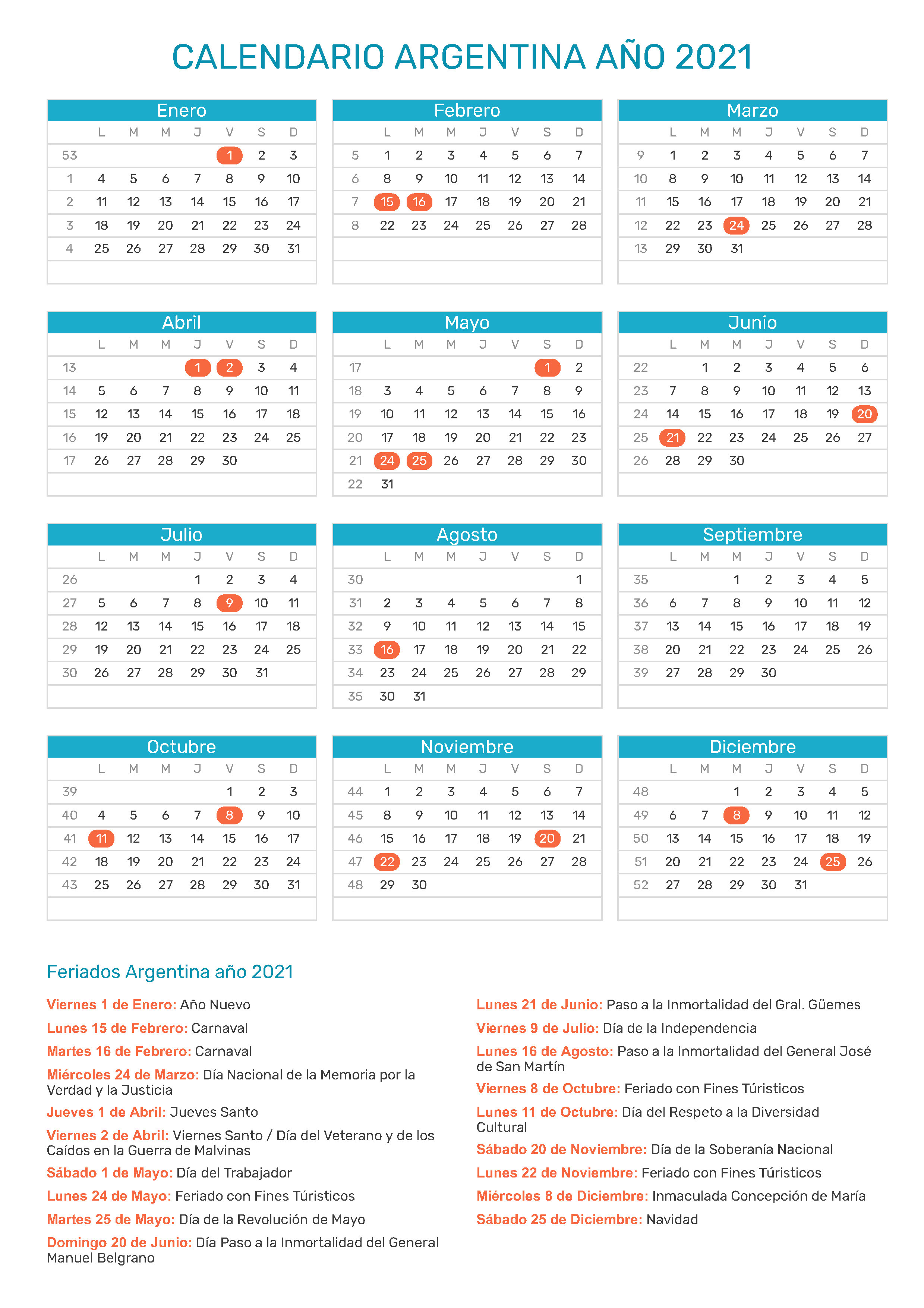 Calendario completo: 18 feriados en total para el 2021