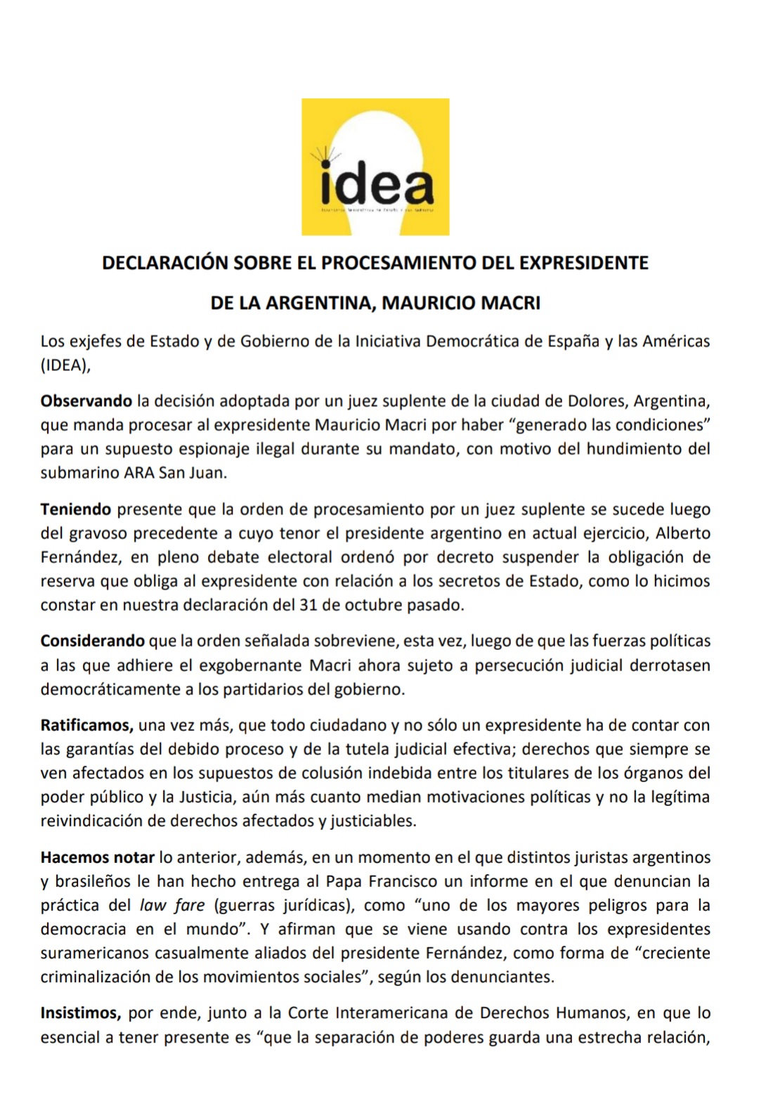 Un grupo de expresidentes emitió un comunicado contra el procesamiento de Mauricio Macri